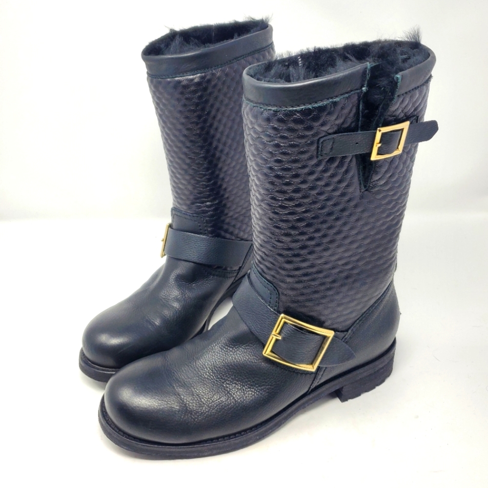 Jimmy Choo Black Leather Quilted Fur-Lined Moto Boots